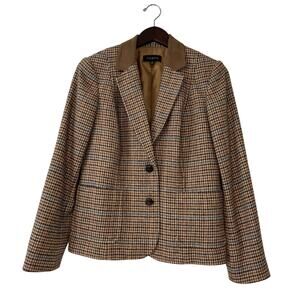 Talbots Wool-Blend Blazer Women 12 Brown Tan Houndstooth Elbow Patch Collegiate